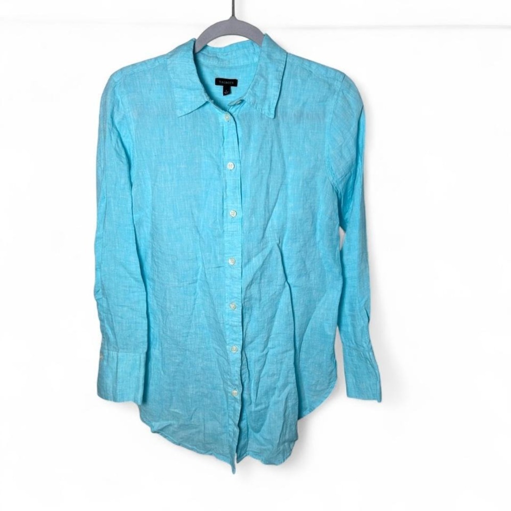 Women's TALBOTS Aqua Blue 100% Linen Button Down Shirt Top Lagenlook Sizeโ small